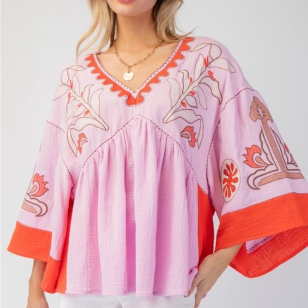New Easel Embroidery Detailing Cotton Gauze Babydoll Woven Top